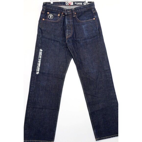 Aape by A Bathing Ape Loose 43X31 Men Indigo Garment Fly Button Camo Back Pocket - Picture 2 of 16